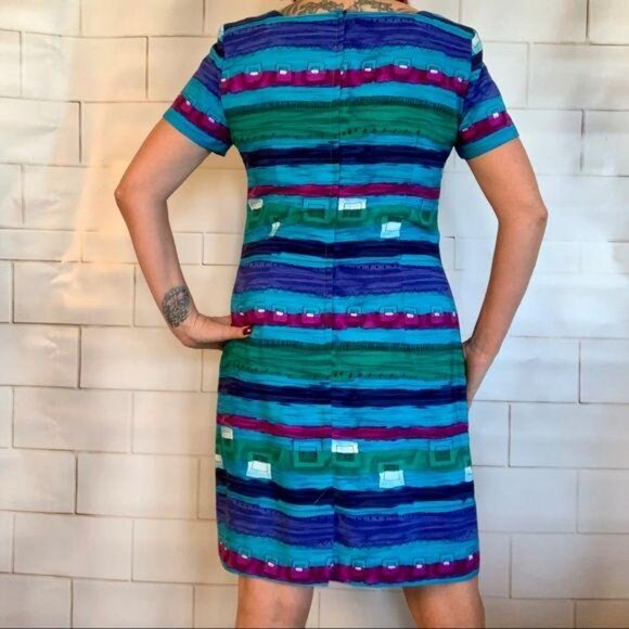 90s Vintage Multicolor Striped Short-Sleeve Dress - Picture 4 of 10